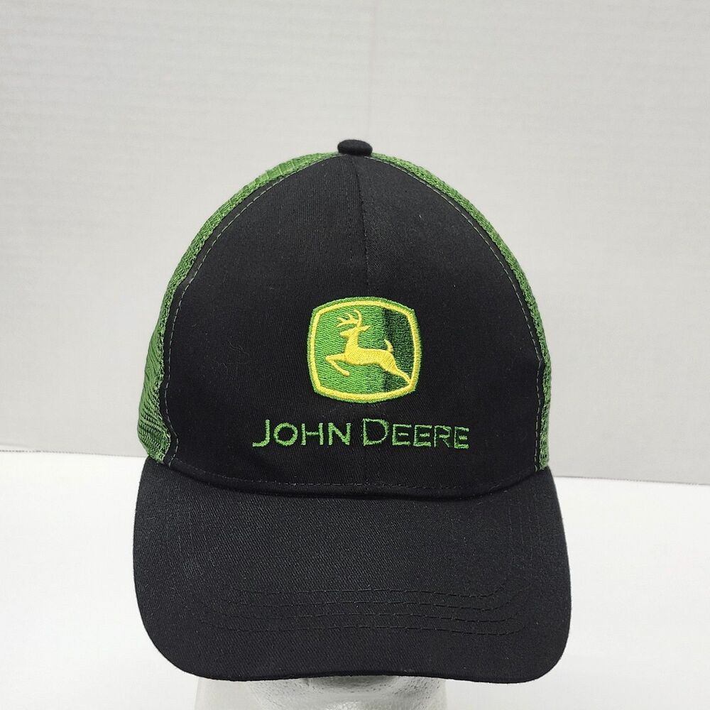 John Deere Black & Green Logo Trucker Hat Cap Mesh Back One Size